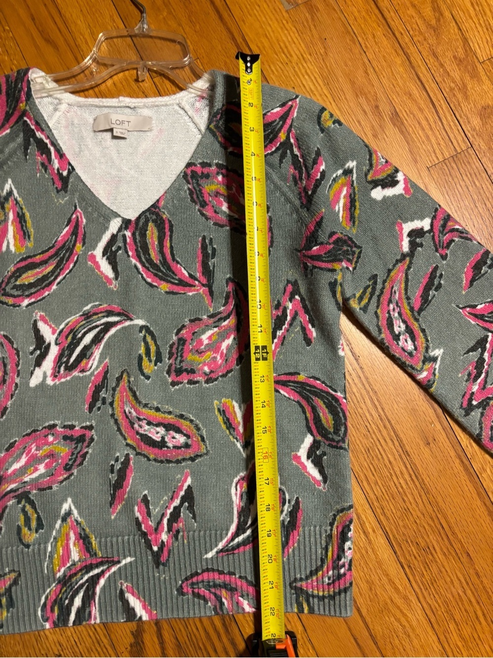 LOFT Sage Green V-Neck Sweater with Pink Paisley Accents - Picture 9 of 10